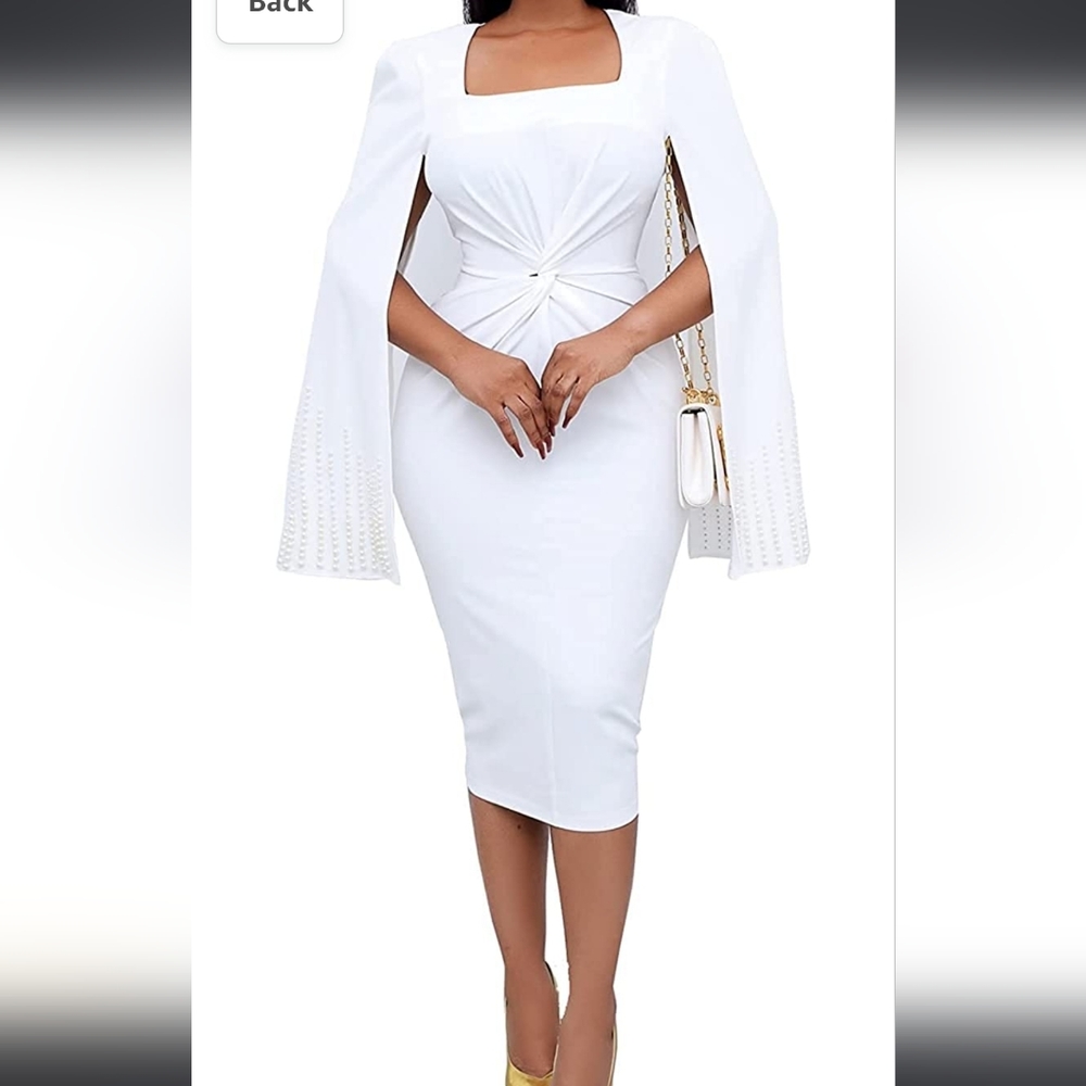 Long Sleeve Bodycon Dress Pearls Beaded Cape Slim Fit Ruched Small